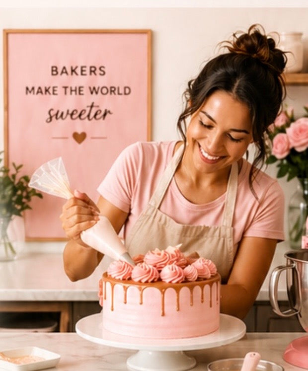 Woman decorating a cake in a kitchen with a 'Bakers Make the World Sweeter' sign in the background.