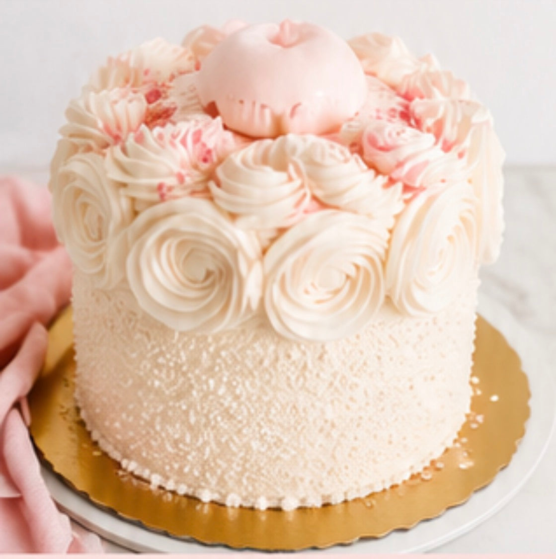 Decorative cake with pink flowers on a white background