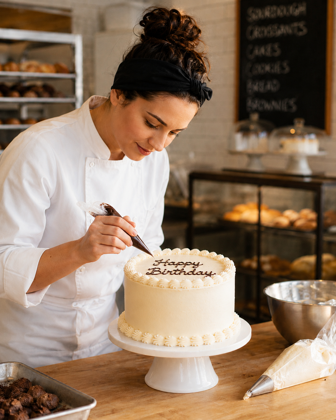 Baker decorating a pink cake