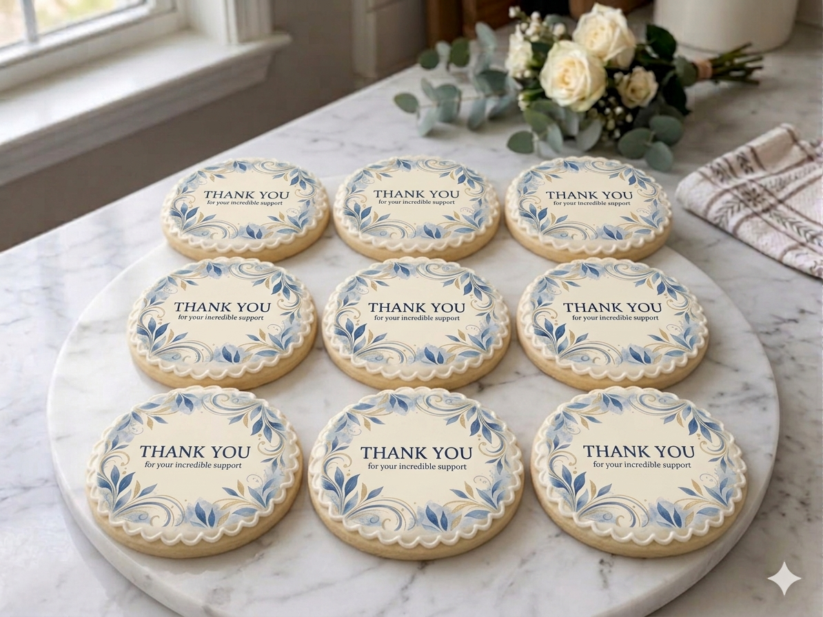 Decorative cookies with 'Thank You' messages on a marble surface.