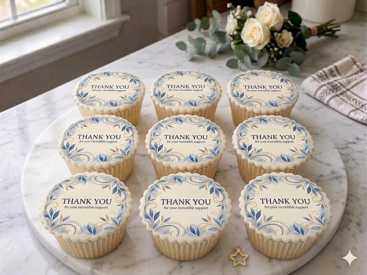 Cupcakes with 'Thank You' messages on a marble surface with flowers in the background