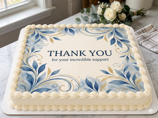 Sheet cake with 'Thank You for your incredible support' message on a marble surface.
